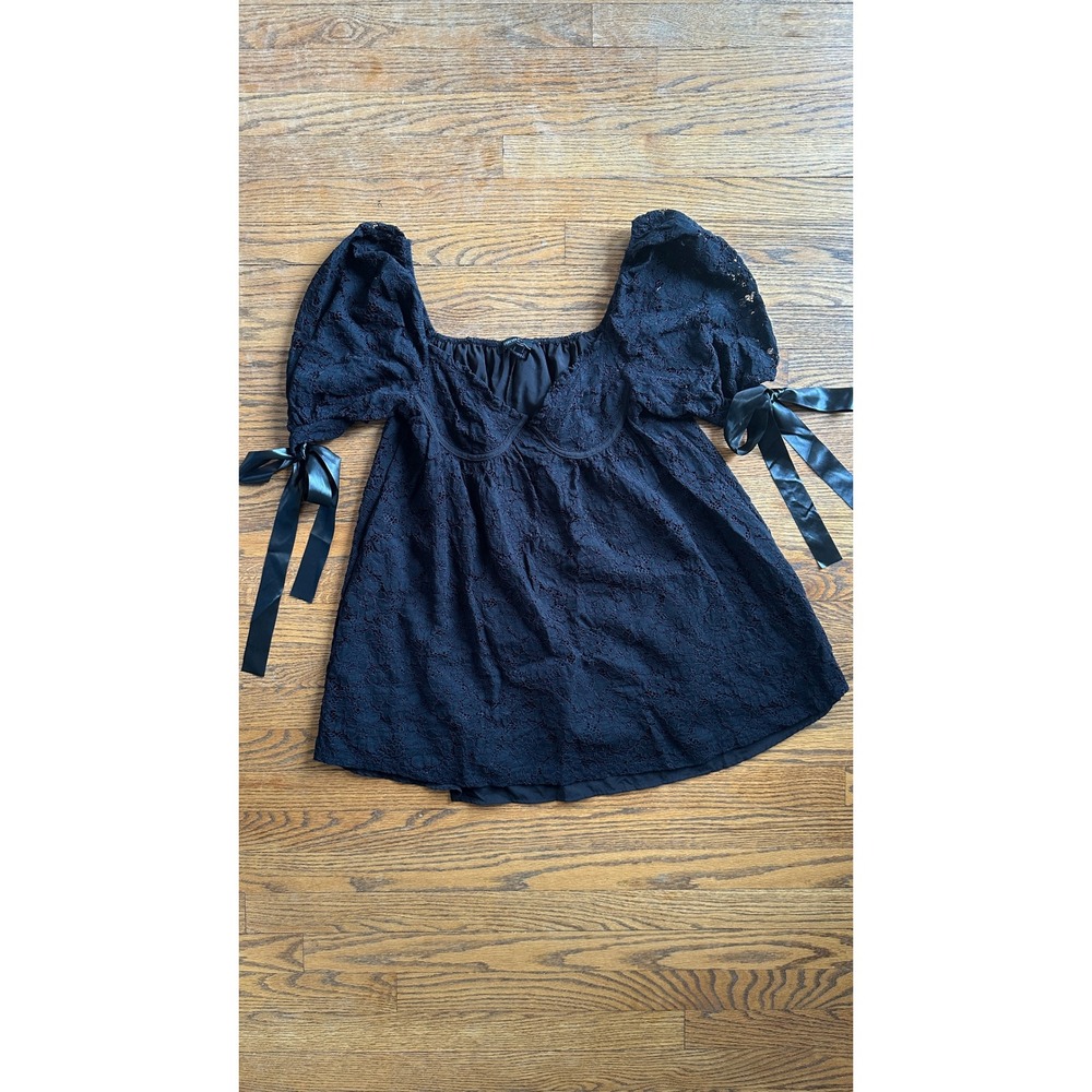Forever 21 Black Floral Lace Puff Sleeve Babydoll Top Small Ribbon Tie Coquette - Picture 1 of 4